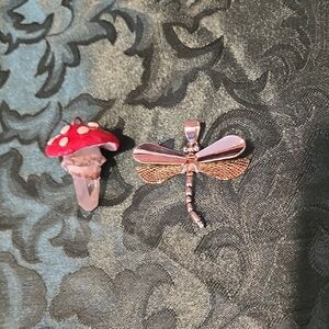 Silver Dragonfly Pendant and Mushroom Pendant Set